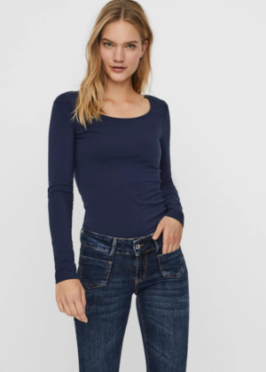 VERO MODA Moteriški medvilniniai marškinėliai ilgomis rankovėmis Maxi navy-blue-NAUJIENOS – DABAR TURIME - Image 2